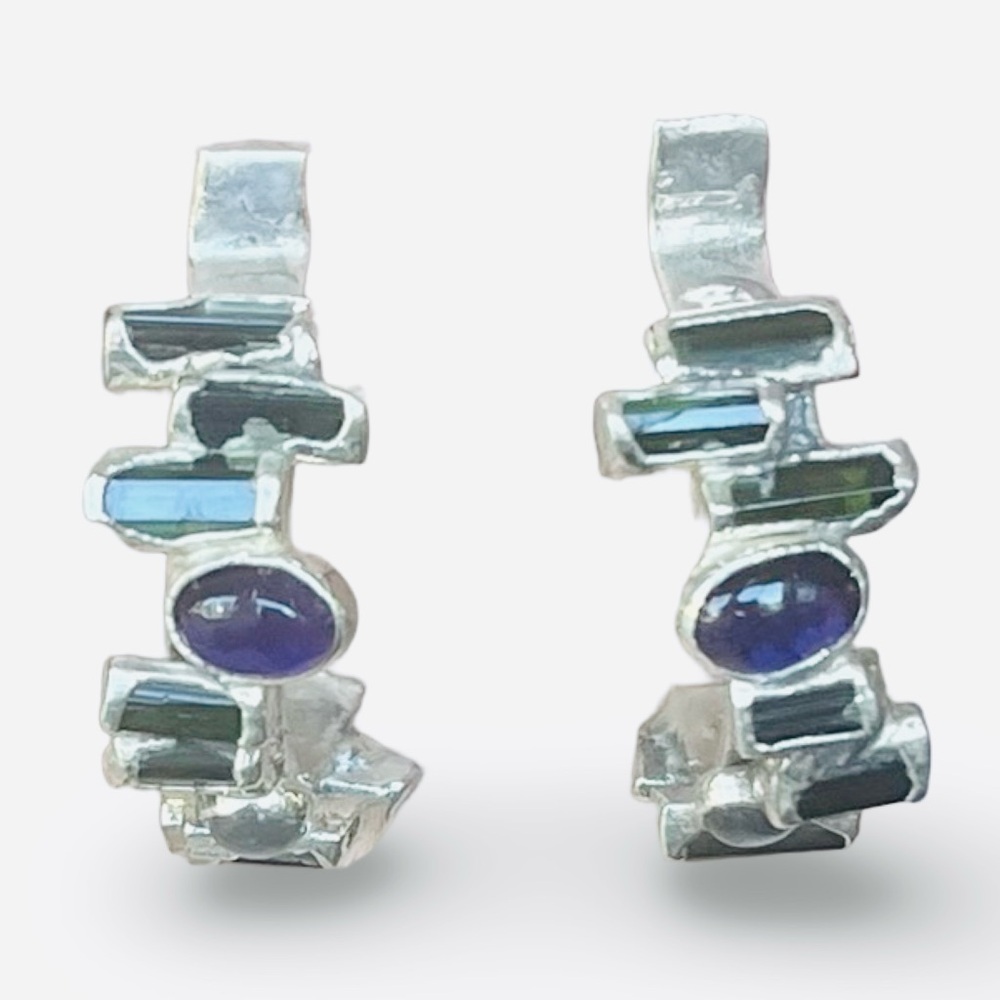 Pure Silver Artisan Green Tourmaline, Amethyst, Moonstone Earrings by C + R - Picture 6 of 9